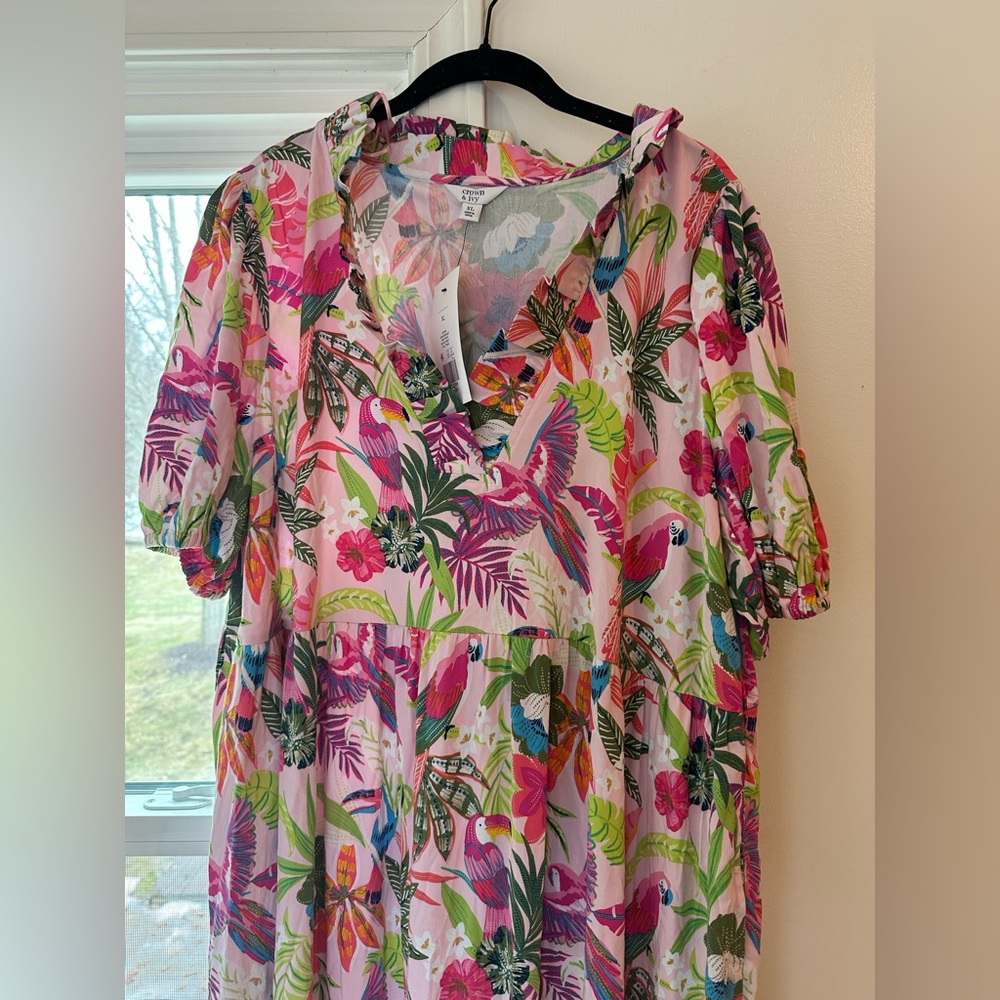 CROWN & IVY pink tropical puff sleeve tiered maxi dress XL NEW